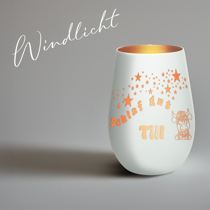 Hochwertiges Glas Windlicht für Kinder mit Gravur "SCHLAF GUT" Motiv Bison mit Wunschname in der Farbe Weiß/Bronze