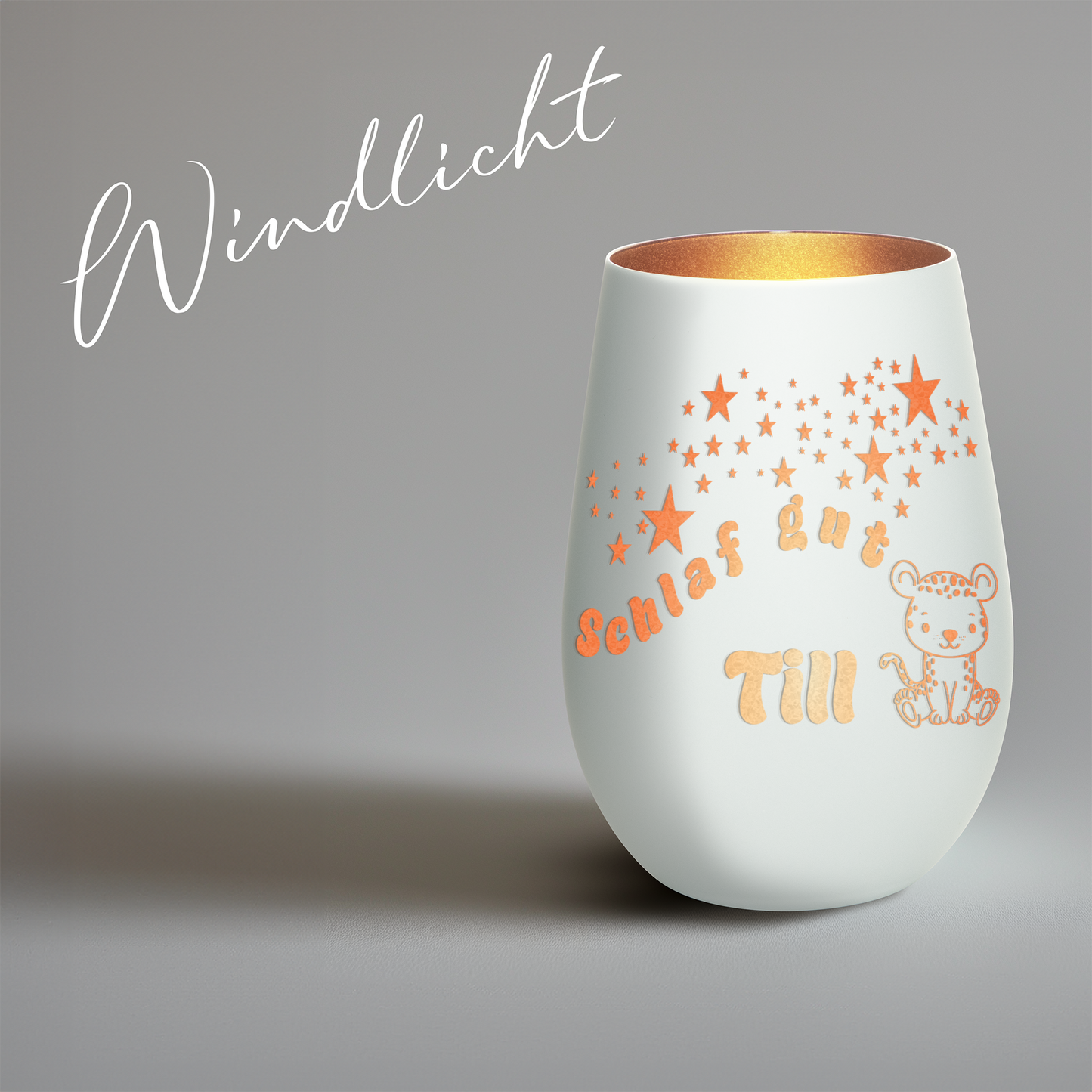 Hochwertiges Glas Windlicht für Kinder mit Gravur "SCHLAF GUT" Motiv Leopard mit Wunschname in der Farbe Weiß/Bronze