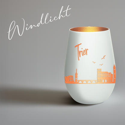 Hochwertiges Glas Windlicht mit Gravur "SKYLINE TRIER" in der Farbe Weiß/Bronze
