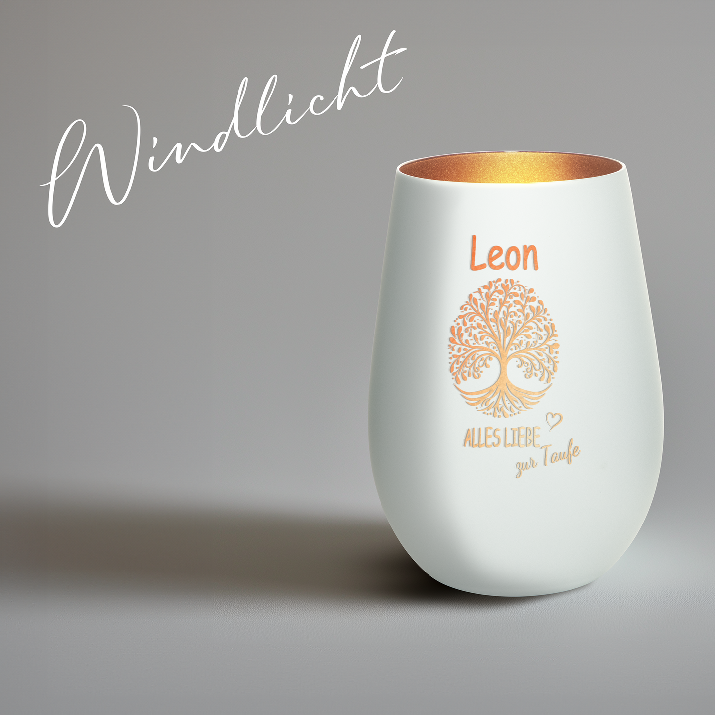 Hochwertiges Glas Windlicht mit Gravur "ALLES LIEBE ZUR TAUFE" mit Wunschname in der Farbe Weiß/Bronze