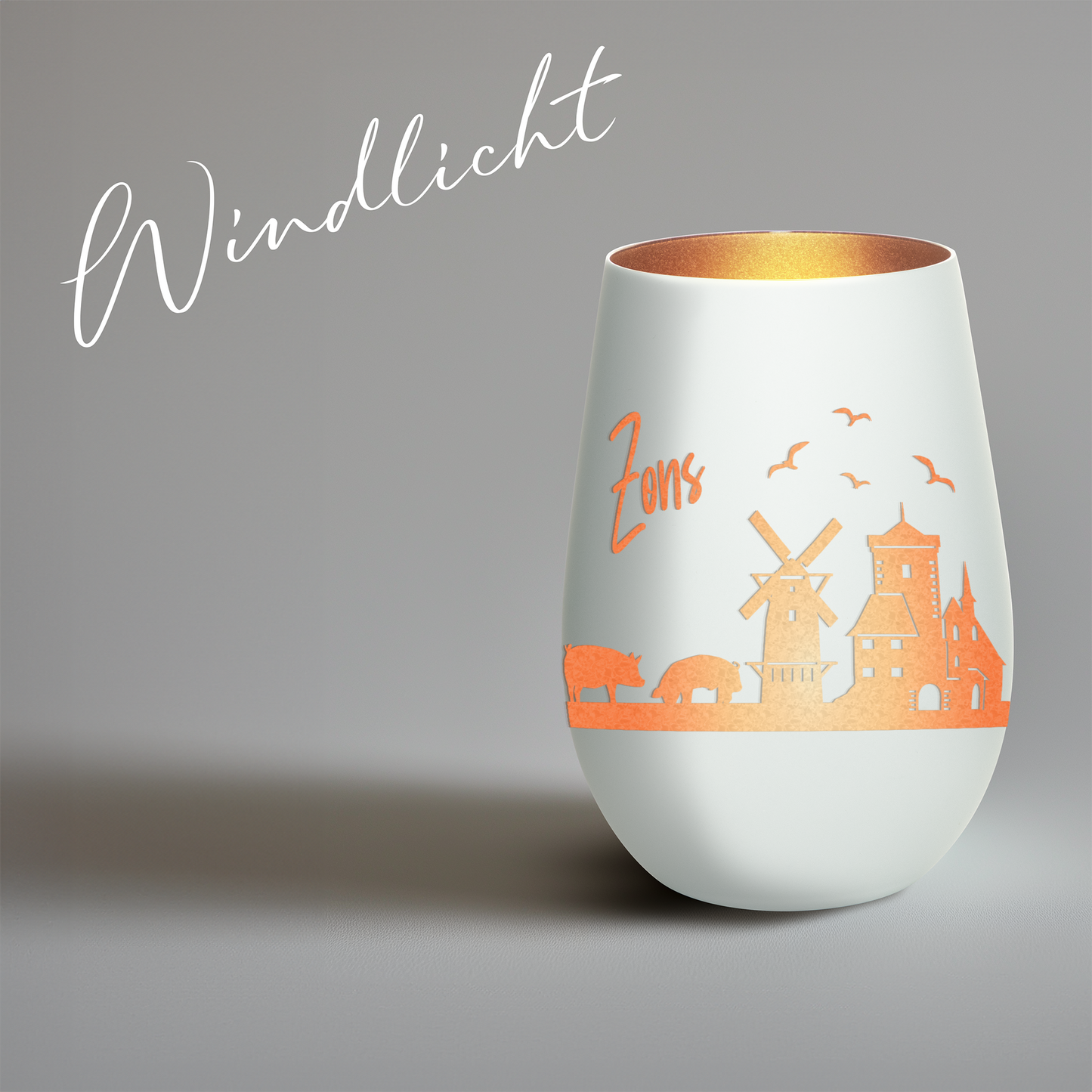 Hochwertiges Glas Windlicht mit Gravur "SKYLINE ZONS (DORMAGEN)" in der Farbe Weiß/Bronze
