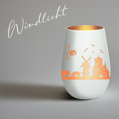 Hochwertiges Glas Windlicht mit Gravur "SKYLINE ZONS (DORMAGEN)" in der Farbe Weiß/Bronze