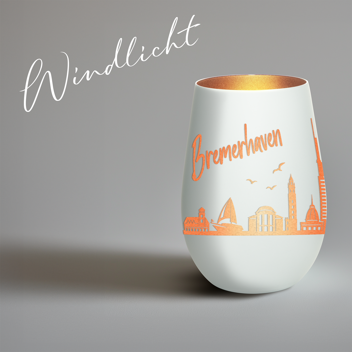 Hochwertiges Glas Windlicht mit Gravur "SKYLINE BREMERHAVEN" in der Farbe Weiß/Bronze