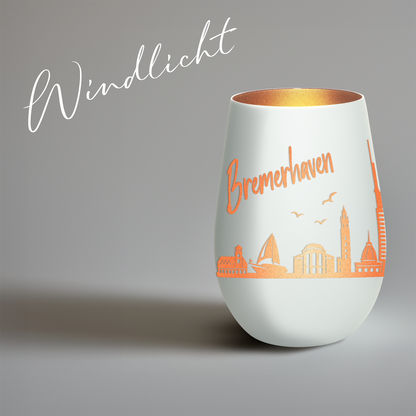 Hochwertiges Glas Windlicht mit Gravur "SKYLINE BREMERHAVEN" in der Farbe Weiß/Bronze