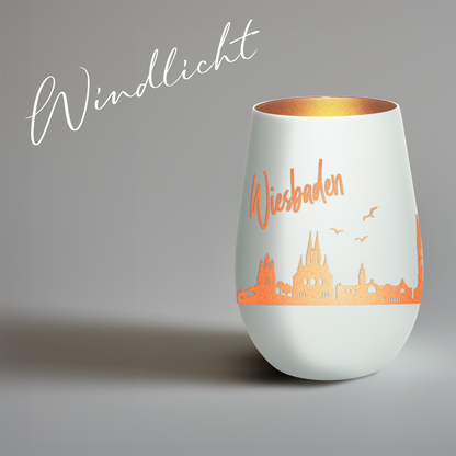 Hochwertiges Glas Windlicht mit Gravur "SKYLINE WIESBADEN" in der Farbe Weiß/Bronze