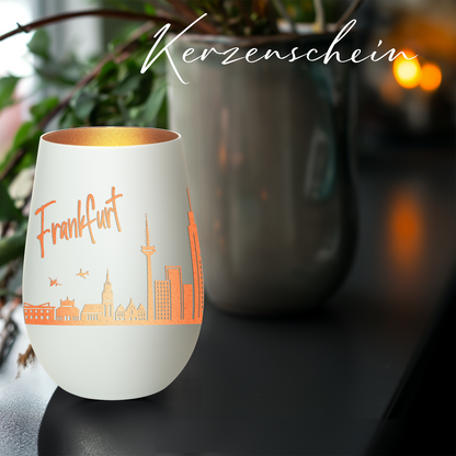 Hochwertiges Glas Windlicht mit Gravur "SKYLINE FRANKFURT" in der Farbe Weiß/Bronze