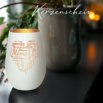 Hochwertiges Glas Windlicht mit Gravur "MAMA GROßES HERZ" in der Farbe Weiß/Bronze
