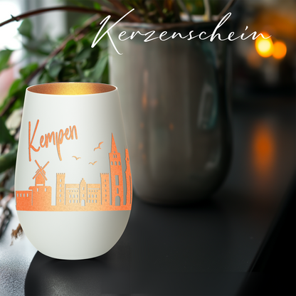 Hochwertiges Glas Windlicht mit Gravur "SKYLINE KEMPEN" in der Farbe Weiß/Bronze