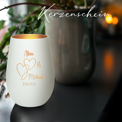 Hochwertiges Glas Windlicht mit Gravur "LIEBES WINDLICHT HERZ2" mit Wunschnamen und Datum in der Farbe Weiß/Bronze