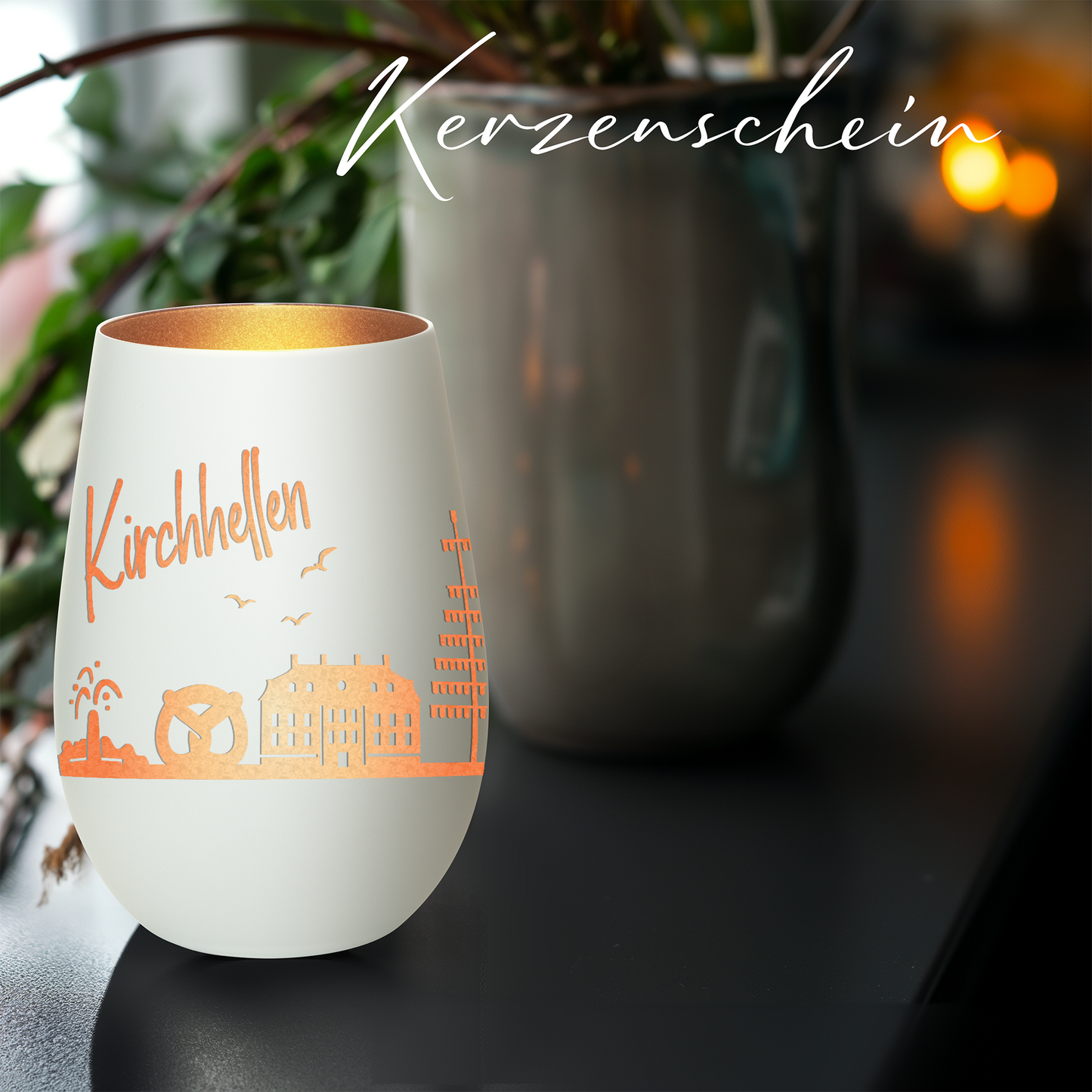 Hochwertiges Glas Windlicht mit Gravur "SKYLINE KIRCHHELLEN" in der Farbe Weiß/Bronze
