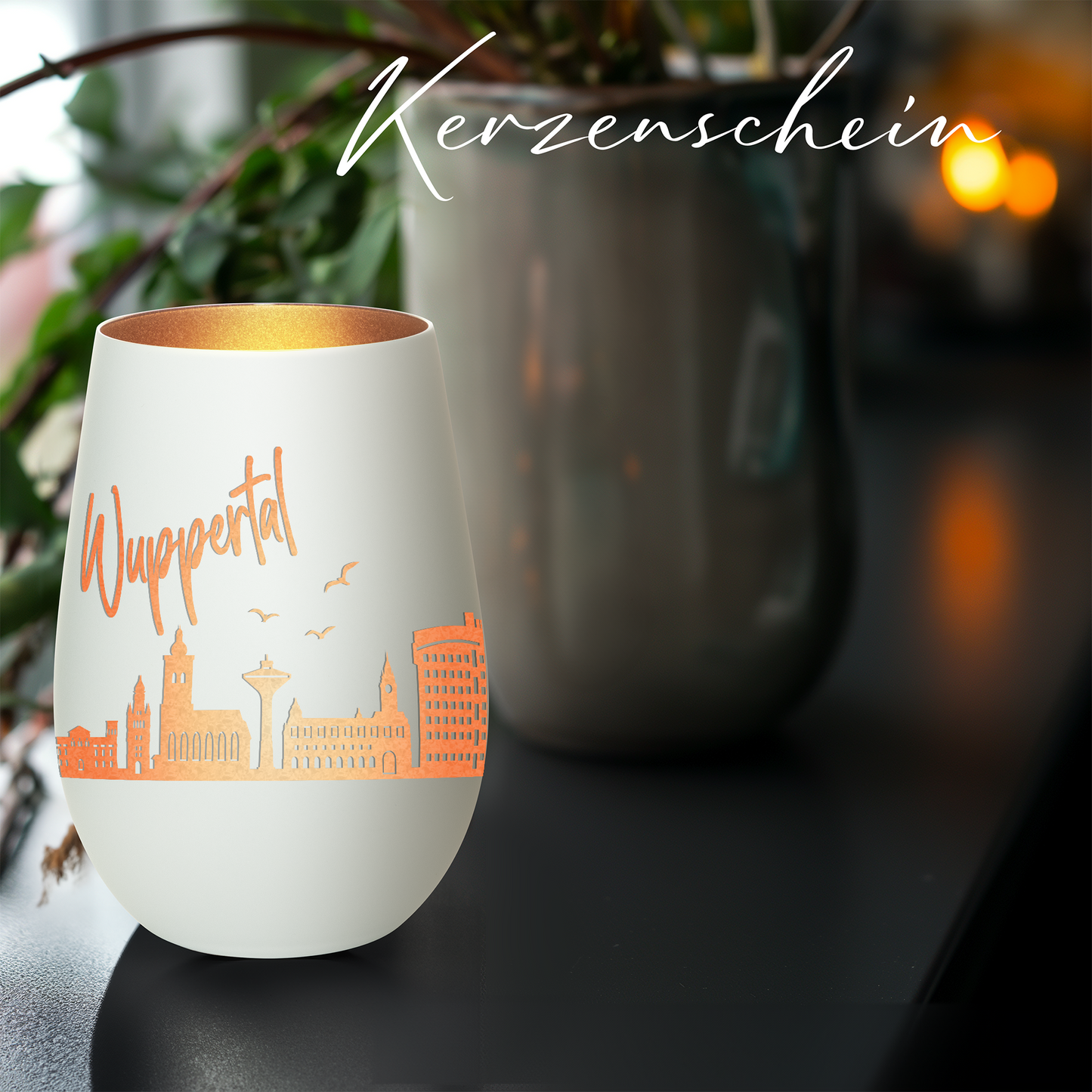 Hochwertiges Glas Windlicht mit Gravur "SKYLINE WUPPERTAL" in der Farbe Weiß/Bronze