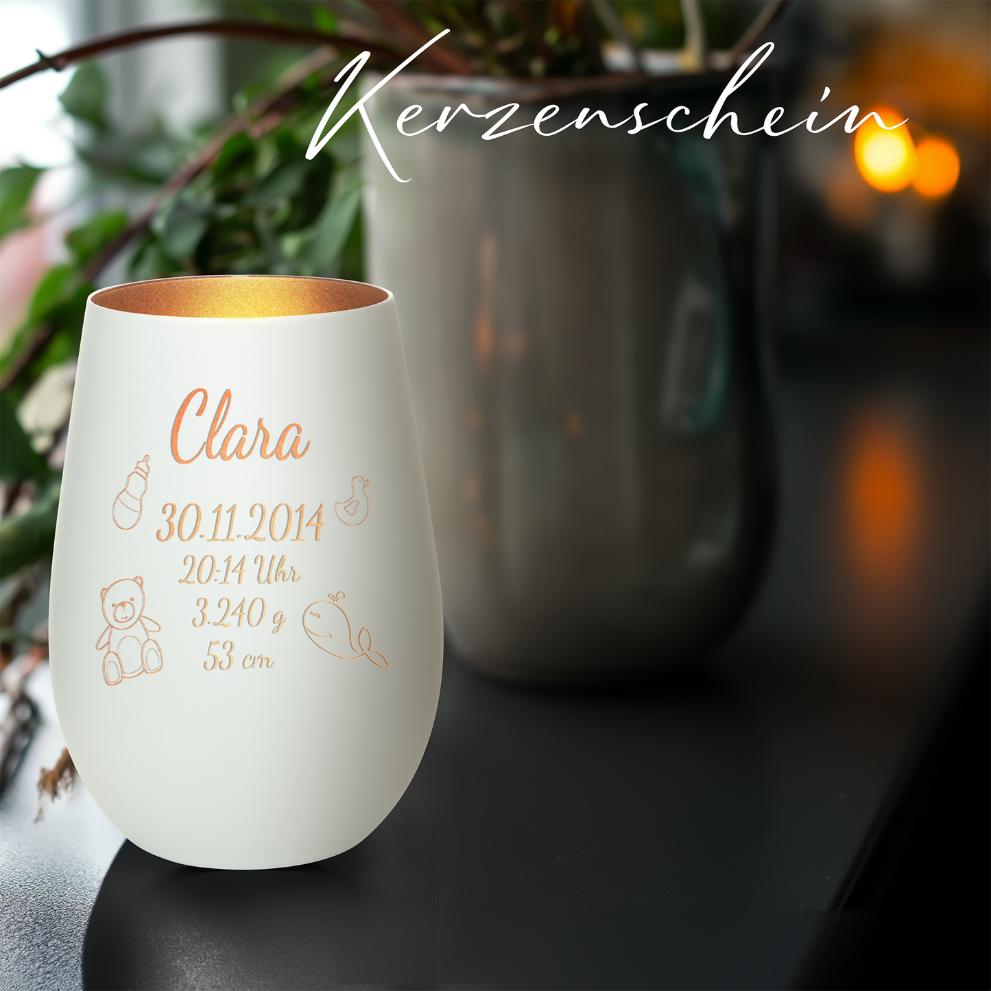 Hochwertiges Glas Windlicht mit Gravur "ZUR GEBURT" mit Wunschname und Datum in der Farbe Weiß/Bronze
