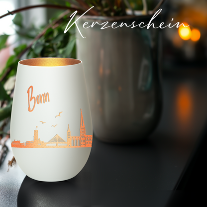 Hochwertiges Glas Windlicht mit Gravur "SKYLINE BONN" in der Farbe Weiß/Bronze