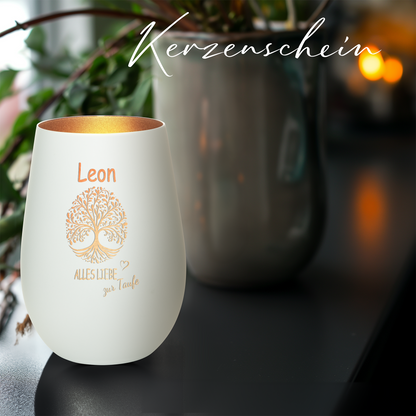 Hochwertiges Glas Windlicht mit Gravur "ALLES LIEBE ZUR TAUFE" mit Wunschname in der Farbe Weiß/Bronze