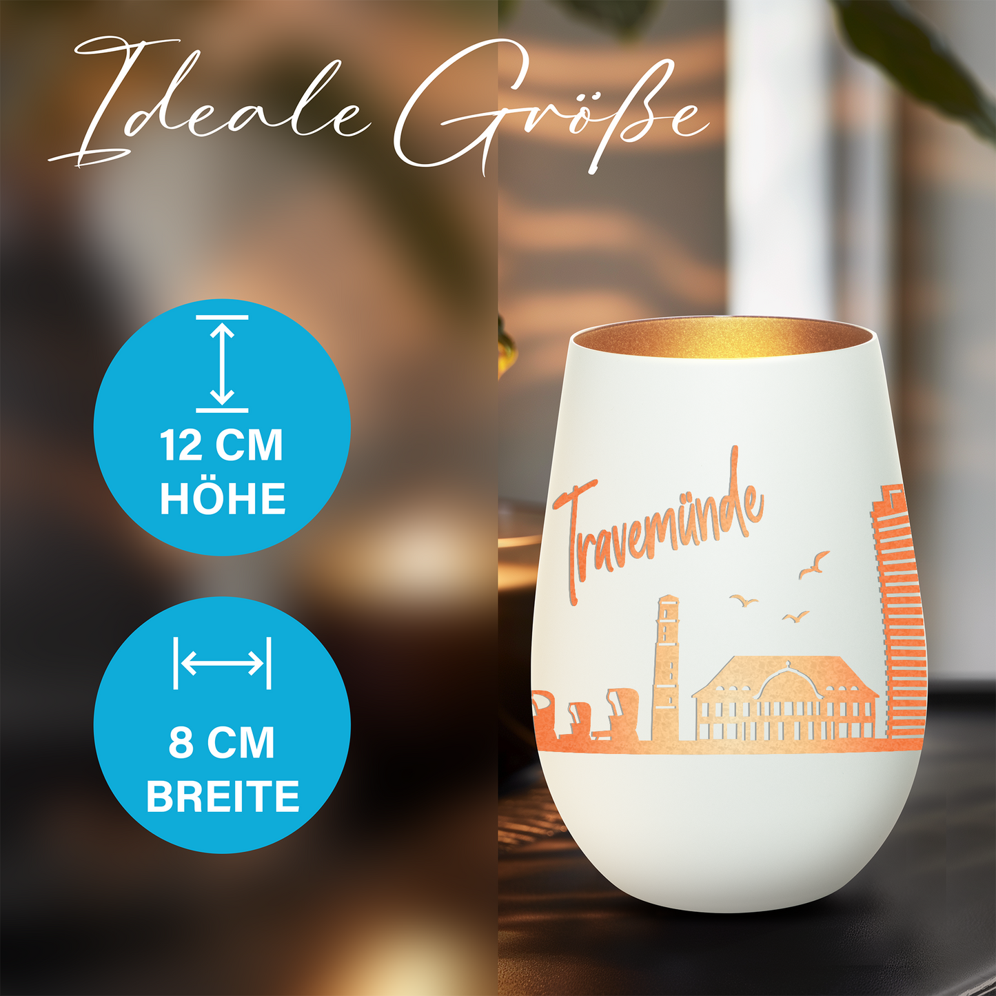 Hochwertiges Glas Windlicht mit Gravur "SKYLINE TRAVEMÜNDE" in der Farbe Weiß/Bronze