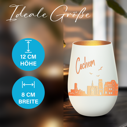 Hochwertiges Glas Windlicht mit Gravur "SKYLINE COCHEM" in der Farbe Weiß/Bronze