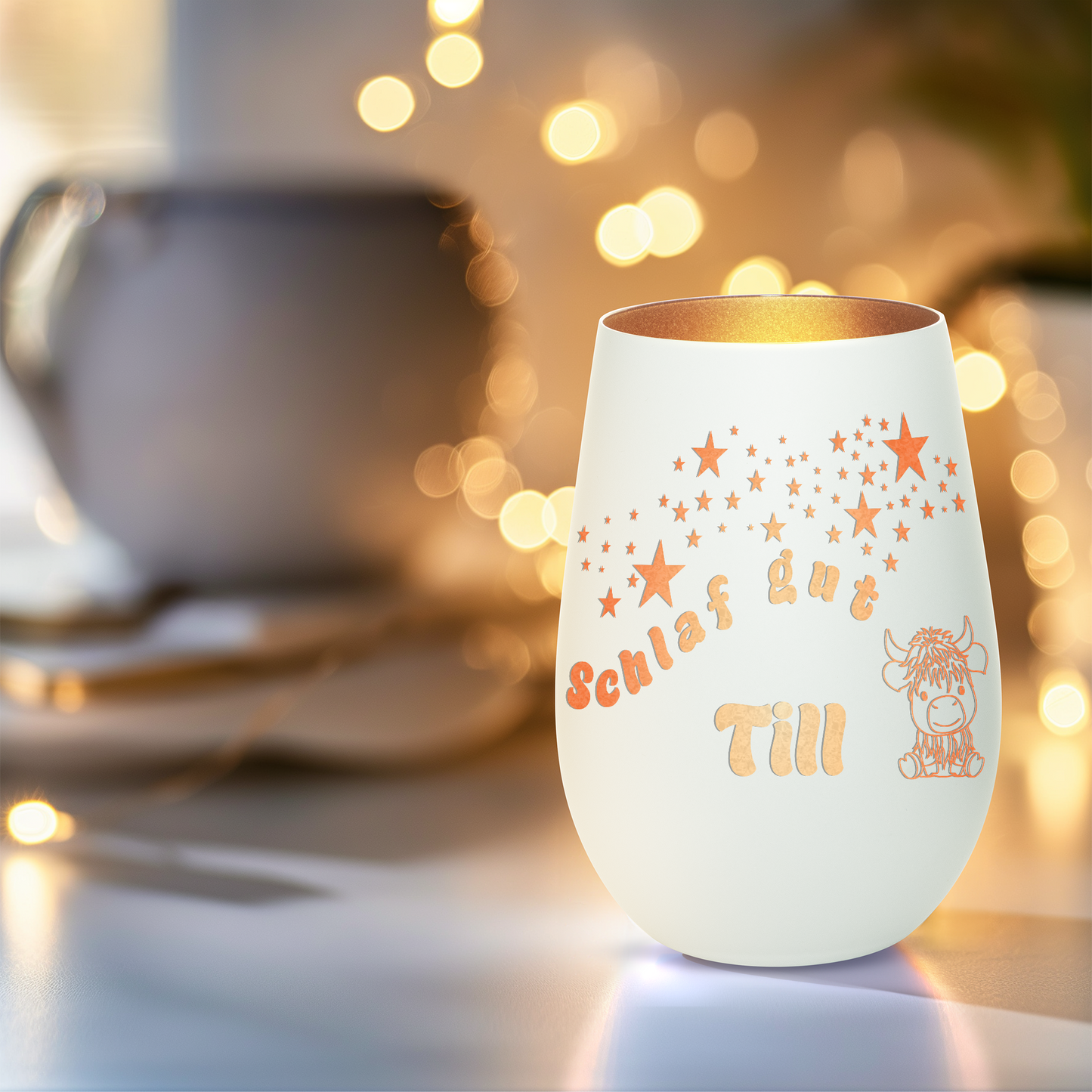 Hochwertiges Glas Windlicht für Kinder mit Gravur "SCHLAF GUT" Motiv Bison mit Wunschname in der Farbe Weiß/Bronze