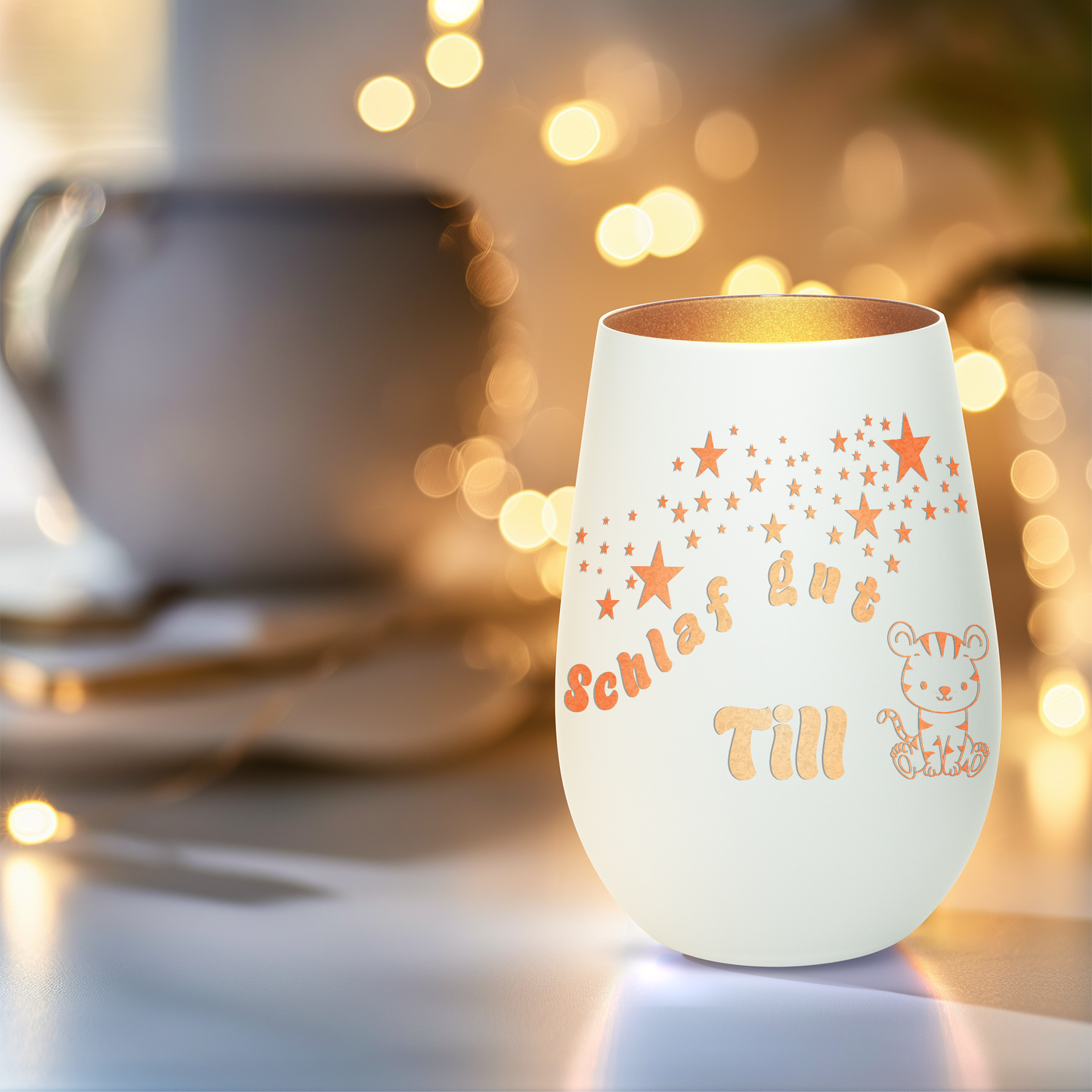 Hochwertiges Glas Windlicht für Kinder mit Gravur "SCHLAF GUT" Motiv Tiger mit Wunschname in der Farbe Weiß/Bronze