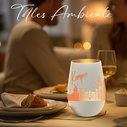 Hochwertiges Glas Windlicht mit Gravur "SKYLINE KEMPEN" in der Farbe Weiß/Bronze