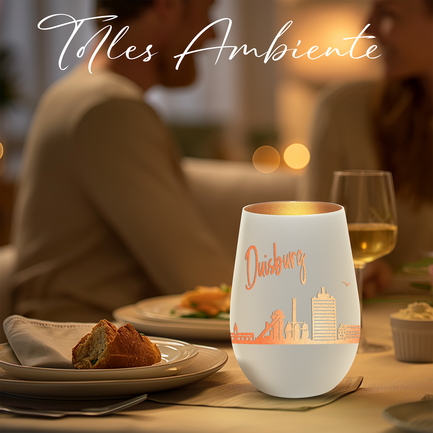 Hochwertiges Glas Windlicht mit Gravur "SKYLINE DUISBURG" in der Farbe Weiß/Bronze