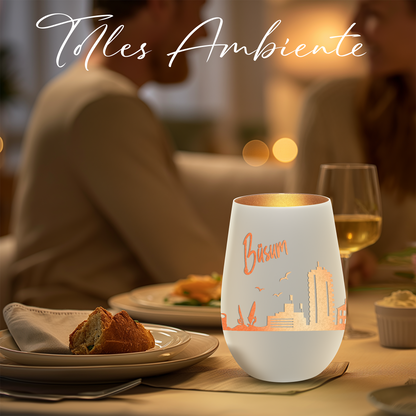 Hochwertiges Glas Windlicht mit Gravur "SKYLINE BÜSUM" in der Farbe Weiß/Bronze