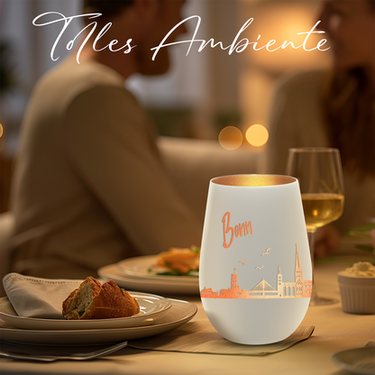 Hochwertiges Glas Windlicht mit Gravur "SKYLINE BONN" in der Farbe Weiß/Bronze