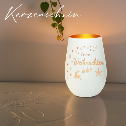 Hochwertiges Glas Windlicht mit Gravur "FROHE WEIHNACHTEN" in der Farbe Weiß/Bronze