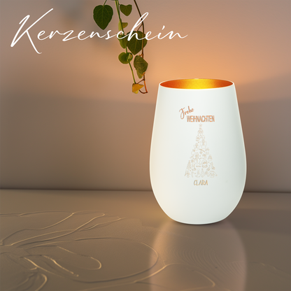 Hochwertiges Glas Windlicht mit Gravur "FROHE WEIHNACHTEN" mit Wunschname in der Farbe Weiß/Bronze