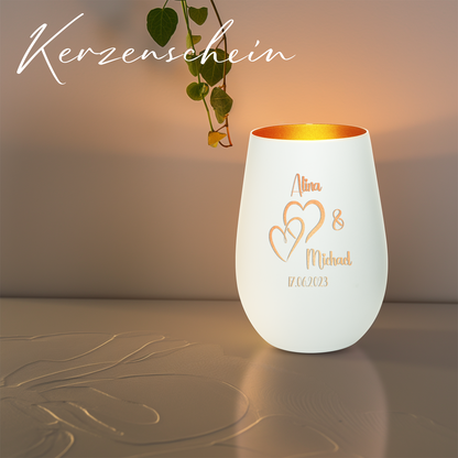Hochwertiges Glas Windlicht mit Gravur "LIEBES WINDLICHT HERZ1" mit Wunschnamen und Datum in der Farbe Weiß/Bronze