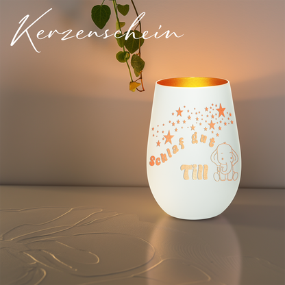 Hochwertiges Glas Windlicht für Kinder mit Gravur "SCHLAF GUT" Motiv Elefant mit Wunschname in der Farbe Weiß/Bronze