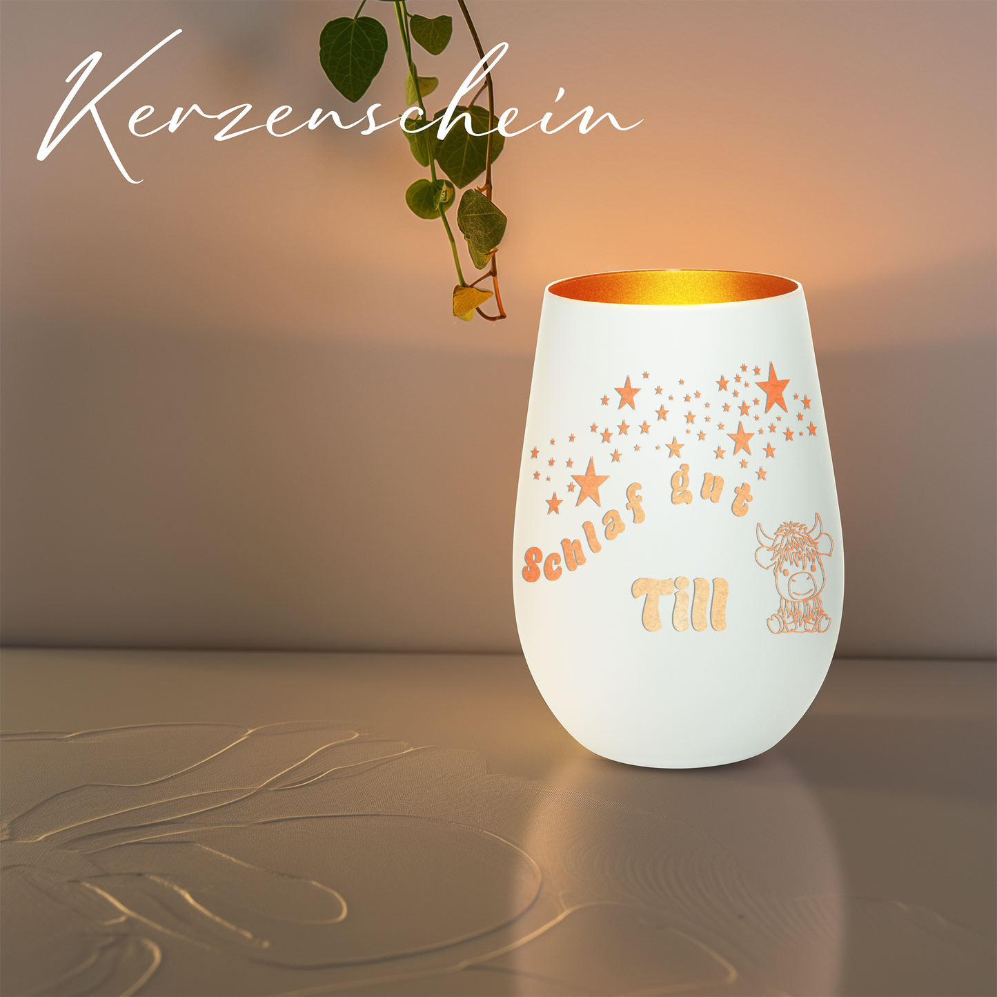 Hochwertiges Glas Windlicht für Kinder mit Gravur "SCHLAF GUT" Motiv Bison mit Wunschname in der Farbe Weiß/Bronze
