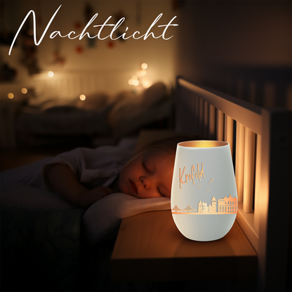 Hochwertiges Glas Windlicht mit Gravur "SKYLINE KREFELD" in der Farbe Weiß/Bronze