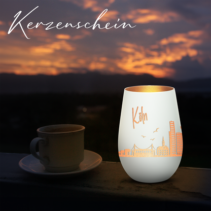 Hochwertiges Glas Windlicht mit Gravur "SKYLINE KÖLN" in der Farbe Weiß/Bronze
