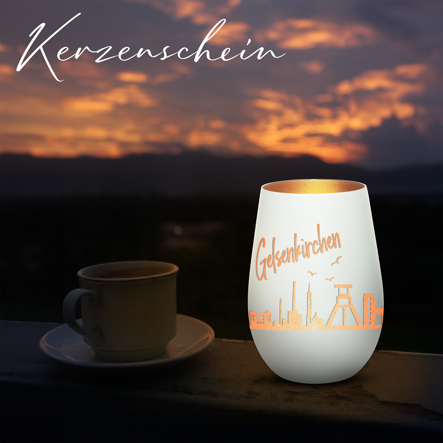 Hochwertiges Glas Windlicht mit Gravur "SKYLINE GELSENKIRCHEN" in der Farbe Weiß/Bronze