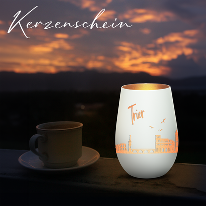 Hochwertiges Glas Windlicht mit Gravur "SKYLINE TRIER" in der Farbe Weiß/Bronze