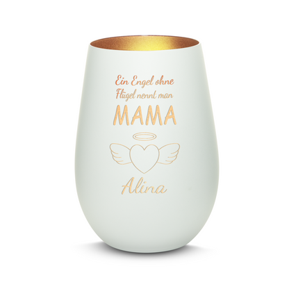 Hochwertiges Glas Windlicht mit Gravur "EIN ENGEL OHNE FLÜGEL NENNT MAN MAMA" mit Wunschname in der Farbe Weiß/Bronze
