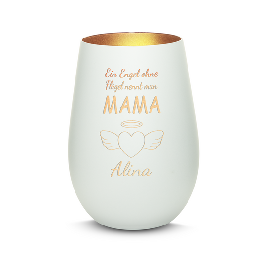 Hochwertiges Glas Windlicht mit Gravur "EIN ENGEL OHNE FLÜGEL NENNT MAN MAMA" mit Wunschname in der Farbe Weiß/Bronze