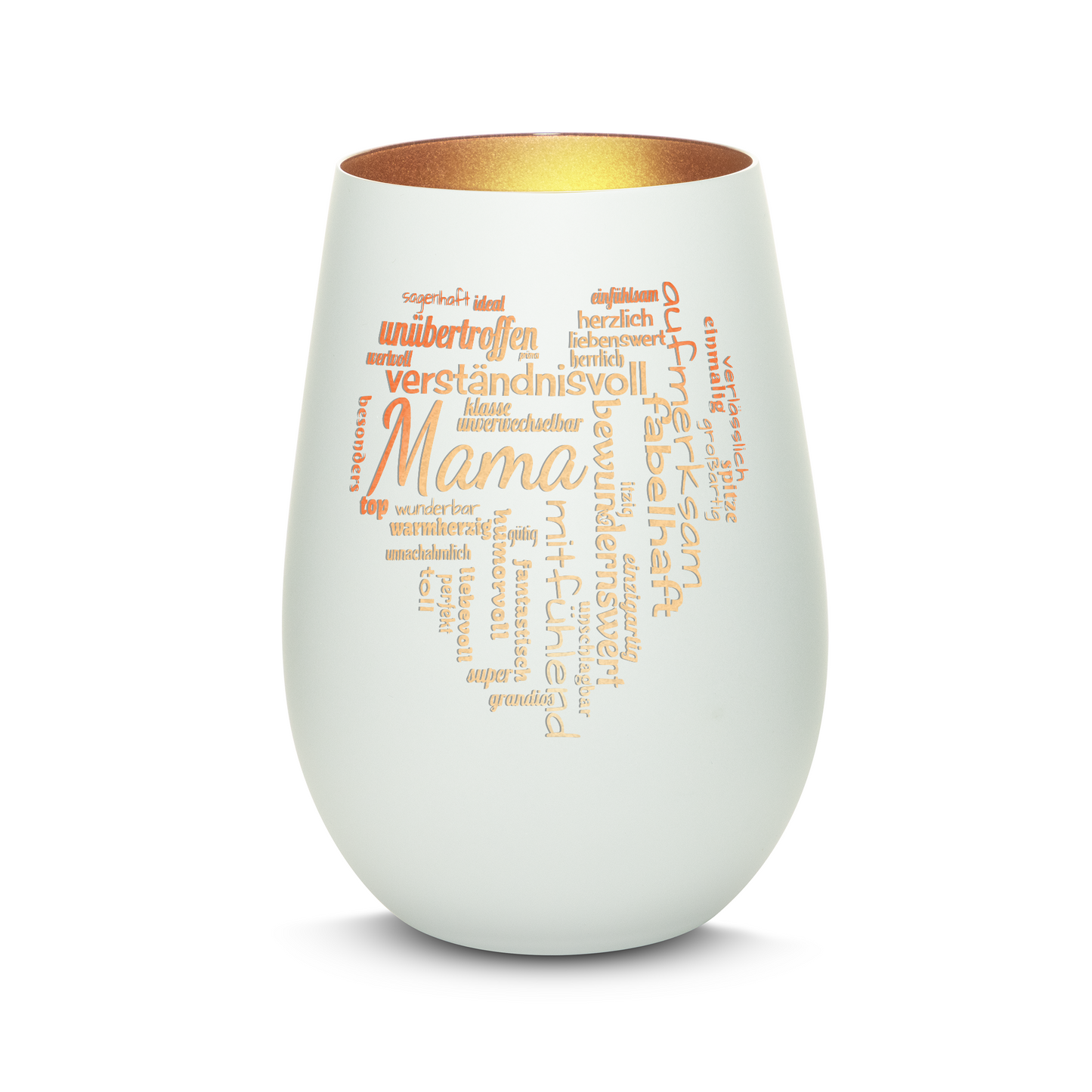 Hochwertiges Glas Windlicht mit Gravur "MAMA GROßES HERZ" in der Farbe Weiß/Bronze