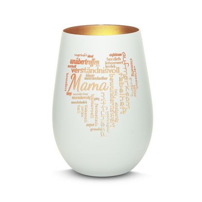 Hochwertiges Glas Windlicht mit Gravur "MAMA GROßES HERZ" in der Farbe Weiß/Bronze