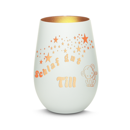 Hochwertiges Glas Windlicht für Kinder mit Gravur "SCHLAF GUT" Motiv Affe mit Wunschname in der Farbe Weiß/Bronze