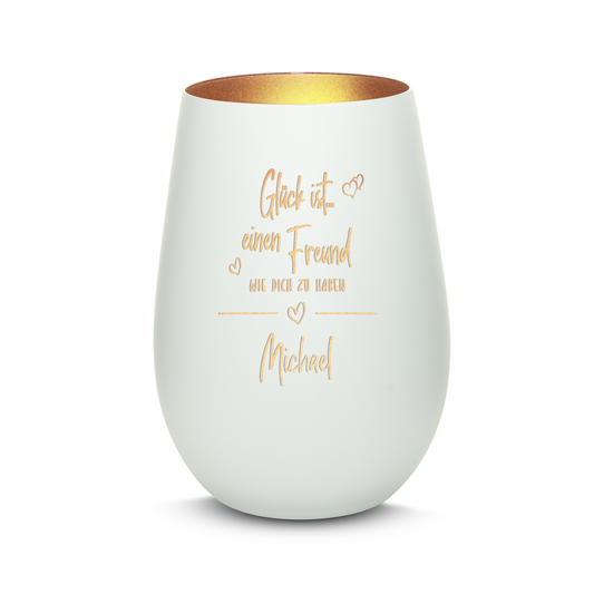 Hochwertiges Glas Windlicht mit Gravur "GLÜCK IST EINEN FREUND WIE DICH ZU HABEN" mit Wunschname in der Farbe Weiß/Bronze