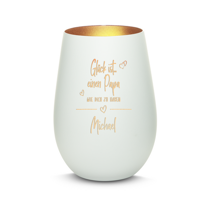 Hochwertiges Glas Windlicht mit Gravur "GLÜCK IST EINEN PAPA WIE DICH ZU HABEN" mit Wunschname in der Farbe Weiß/Bronze