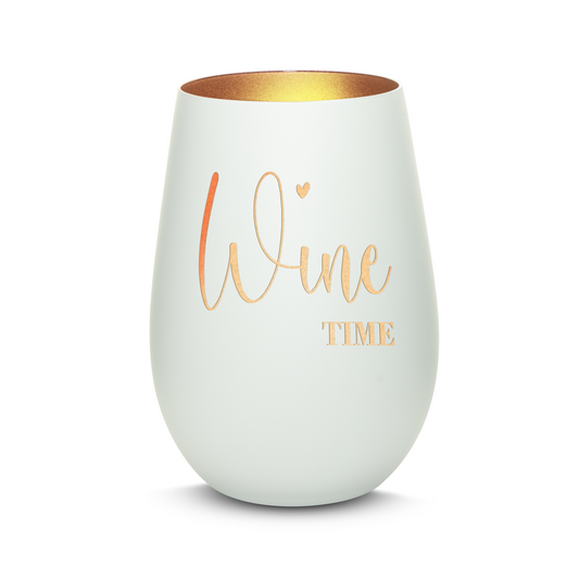 Hochwertiges Glas Windlicht mit Gravur "WINE TIME" in der Farbe Weiß/Bronze