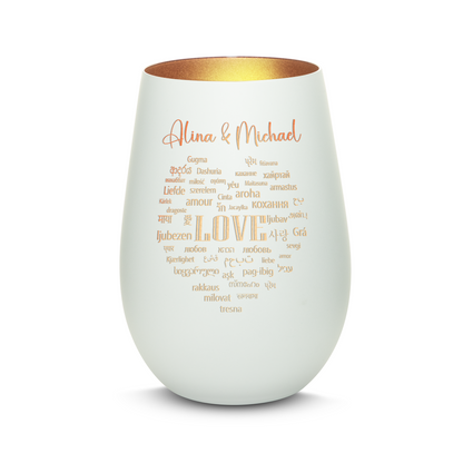Hochwertiges Glas Windlicht mit Gravur "LIEBE IN ALLEN SPRACHEN" mit Wunschnamen in der Farbe Weiß/Bronze
