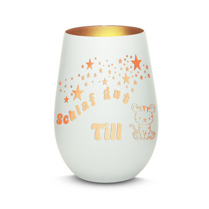 Hochwertiges Glas Windlicht für Kinder mit Gravur "SCHLAF GUT" Motiv Tiger mit Wunschname in der Farbe Weiß/Bronze