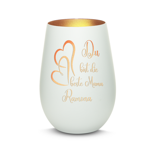 Hochwertiges Glas Windlicht mit Gravur "DU BIST DIE BESTE MAMA" mit Wunschname in der Farbe Weiß/Bronze