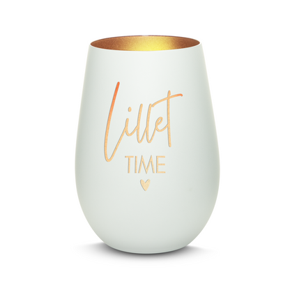 Hochwertiges Glas Windlicht mit Gravur "LILLET TIME" in der Farbe Weiß/Bronze