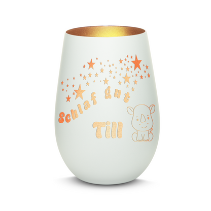Hochwertiges Glas Windlicht für Kinder mit Gravur "SCHLAF GUT" Motiv Nashorn mit Wunschname in der Farbe Weiß/Bronze