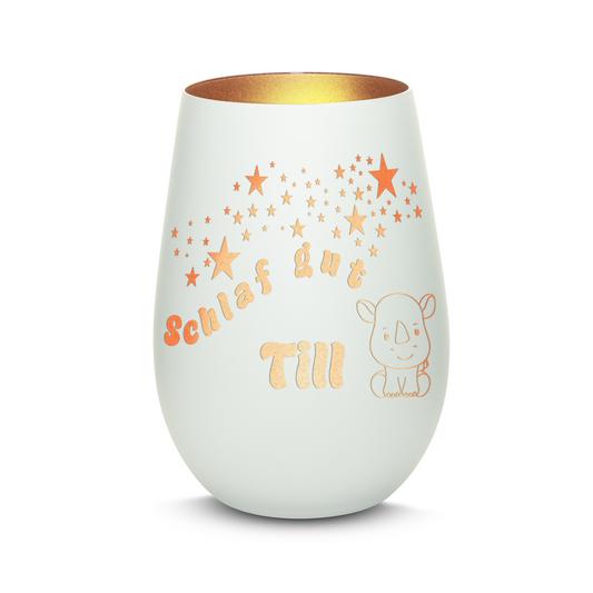 Hochwertiges Glas Windlicht für Kinder mit Gravur "SCHLAF GUT" Motiv Nashorn mit Wunschname in der Farbe Weiß/Bronze