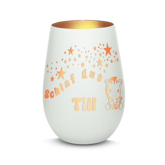 Hochwertiges Glas Windlicht für Kinder mit Gravur "SCHLAF GUT" Motiv Zebra mit Wunschname in der Farbe Weiß/Bronze